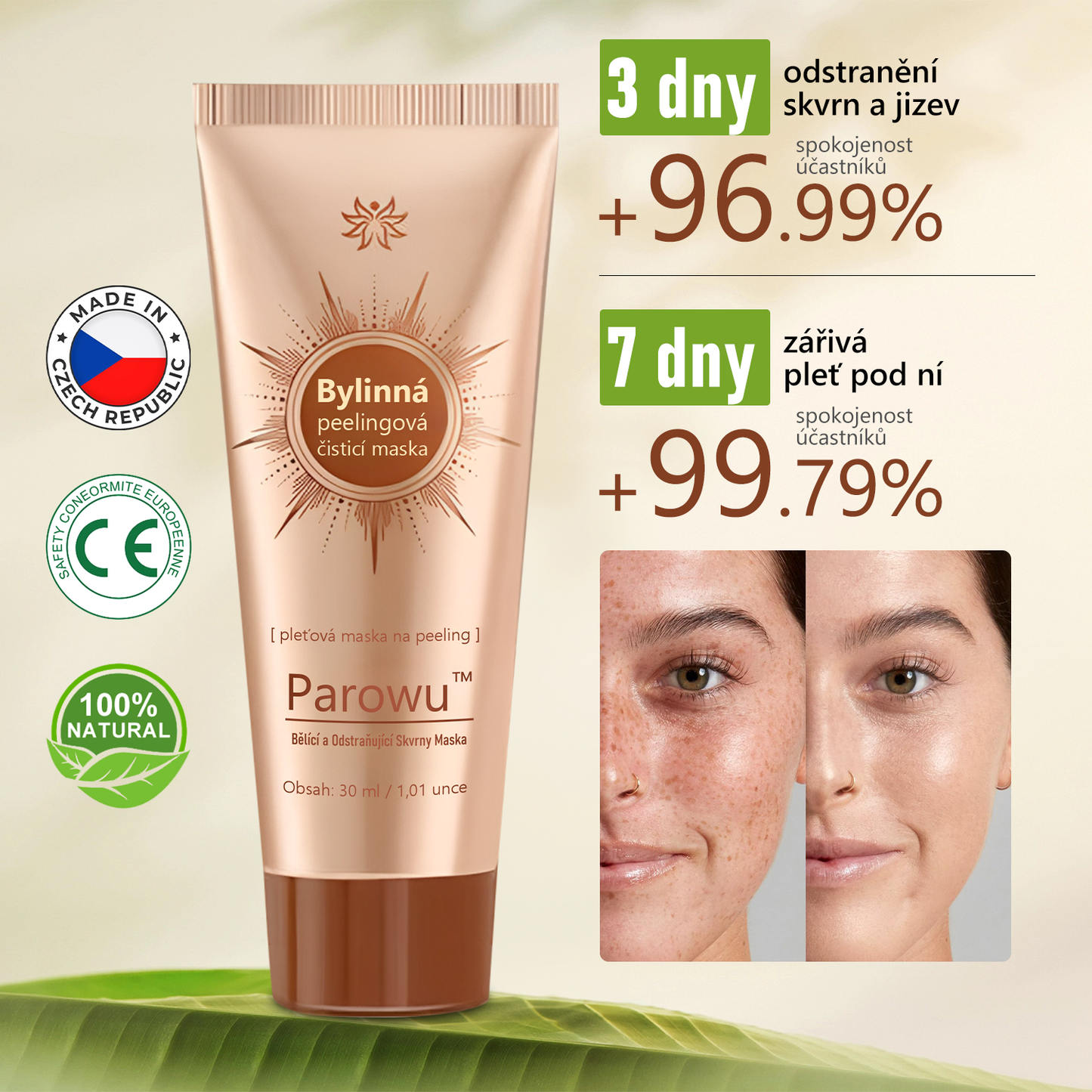 𝗣𝗮𝗿𝗼𝘄𝘂™ Bělící a Odstraňující Skvrny Maska – Přírodní složky trvale odstraňují pigmentové skvrny, stařecké skvrny, pihy a sluneční skvrny.